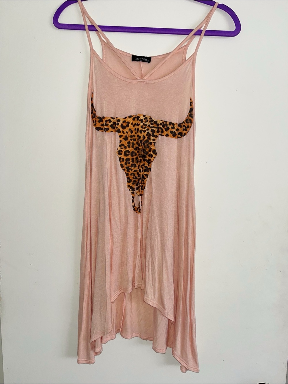 Zutter Pink High-Low Slip Dress with Leopard Bull Skull